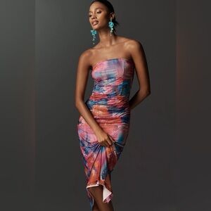 Anthropology Slim Strapless Ruched Mesh Dress